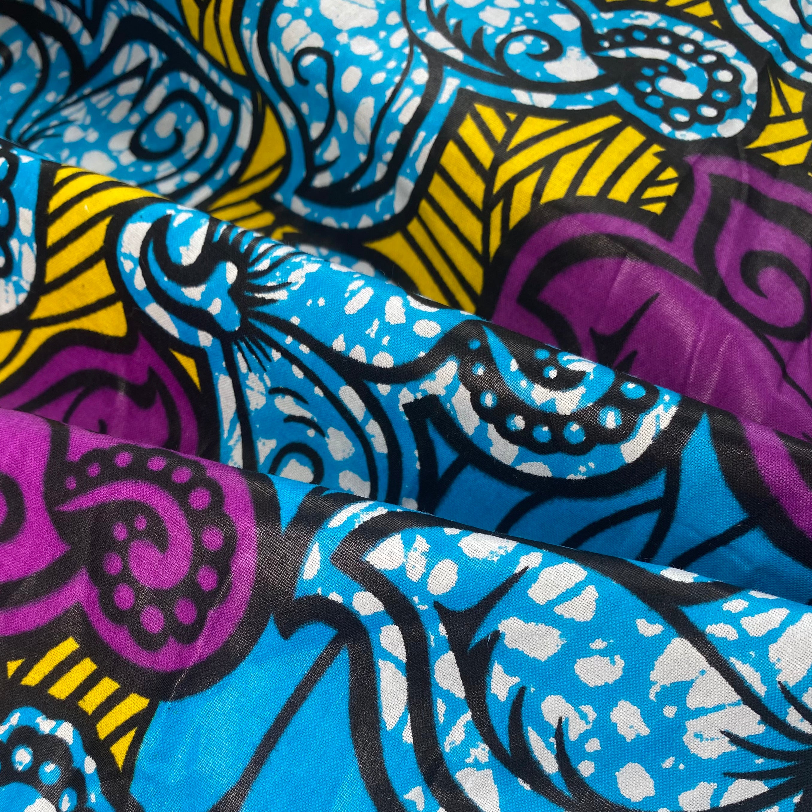 Waxed African Printed Cotton - Floral - Multi-Colour / Blue / Purple