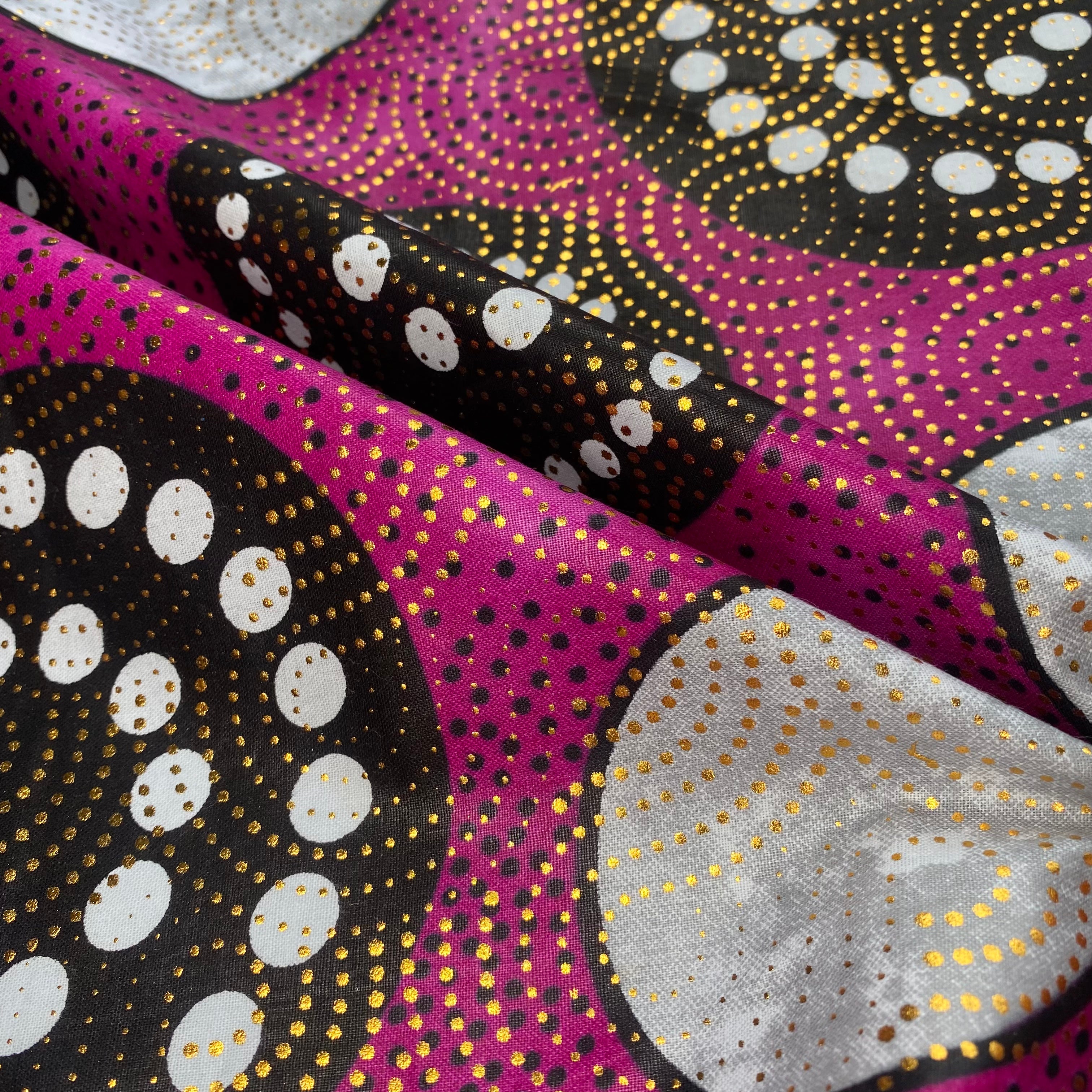 Waxed Metallic African Printed Cotton - Pink/Black/Grey