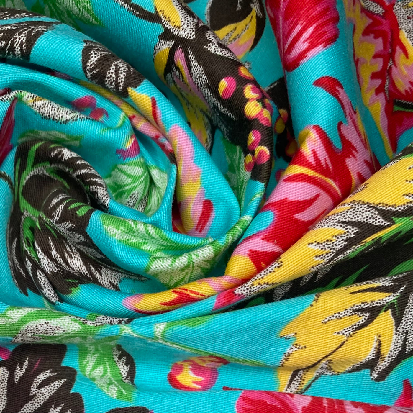 Leaf Stretch Cotton Poplin  - 40” - Aqua/Pink/Brown