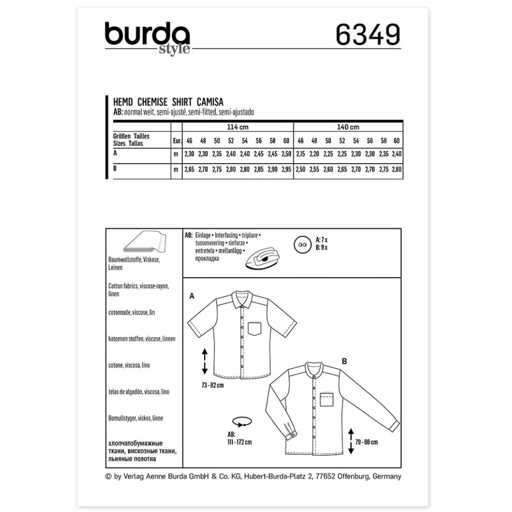Burda Style 6349 - Men’s Shirt - Short Sleeved - Long Sleeved - Shirt with Stand Collar Sewing Pattern