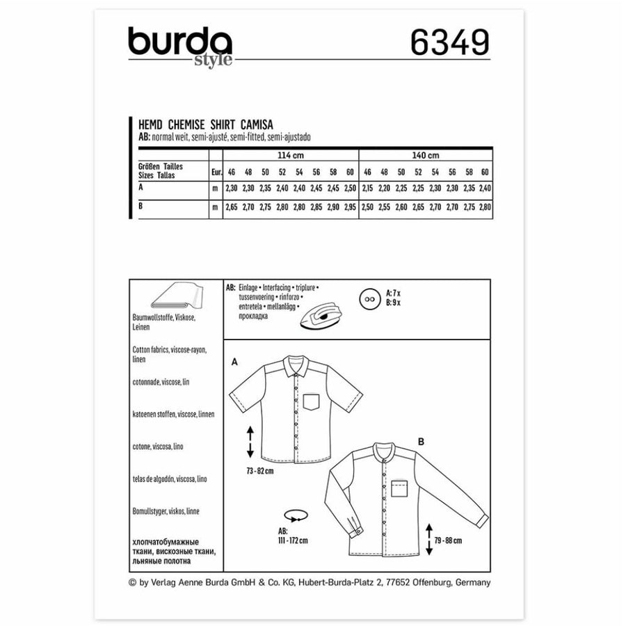 Burda Style 6349 - Men’s Shirt - Short Sleeved - Long Sleeved - Shirt with Stand Collar Sewing Pattern