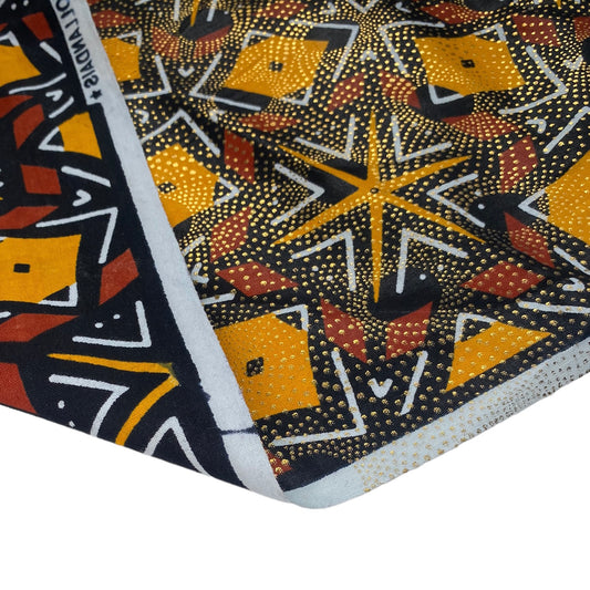 Waxed African Printed Cotton - Metallic Gold - Multi-Colour / Black