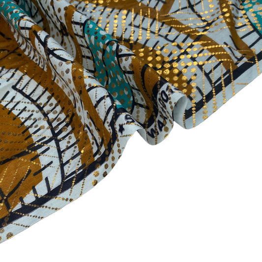 Waxed African Printed Cotton - Metallic Gold - Multi-Colour / Blue