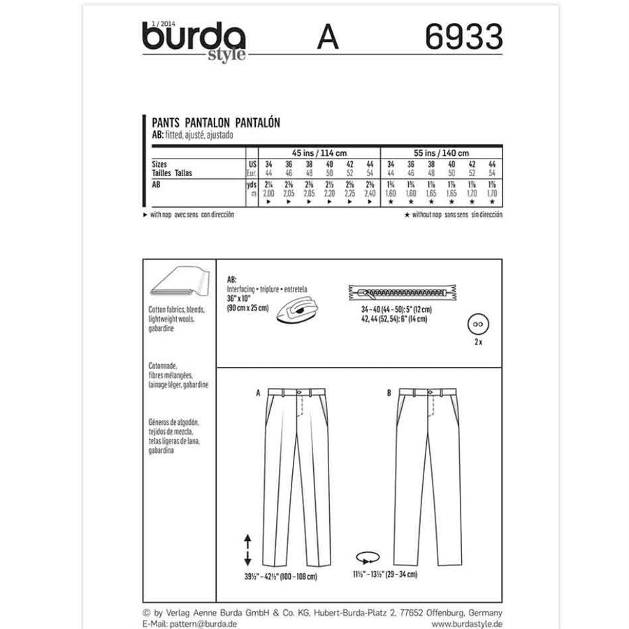 Burda Style 6933 - Pant Sewing Pattern
