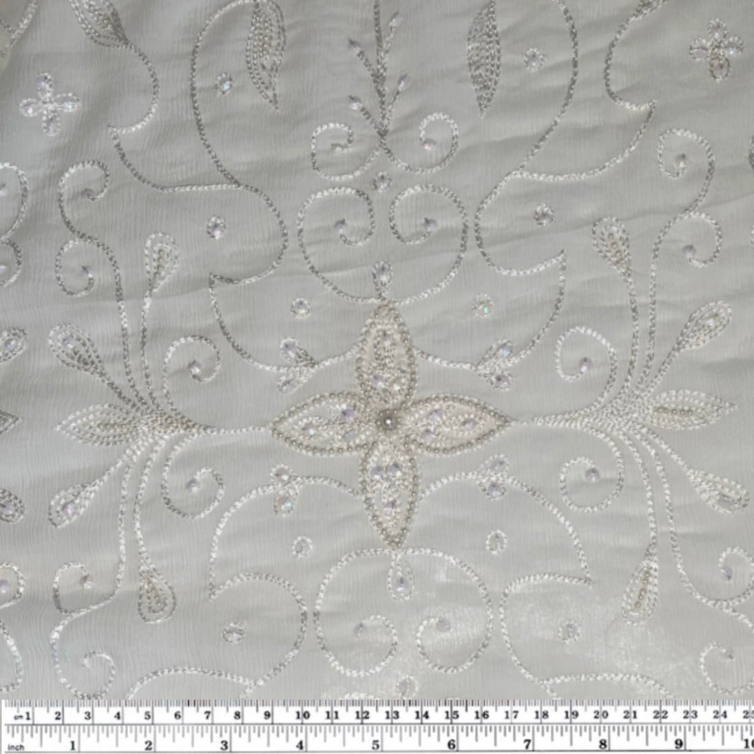 Embroidered Beaded Crinkled Silk Chiffon - White