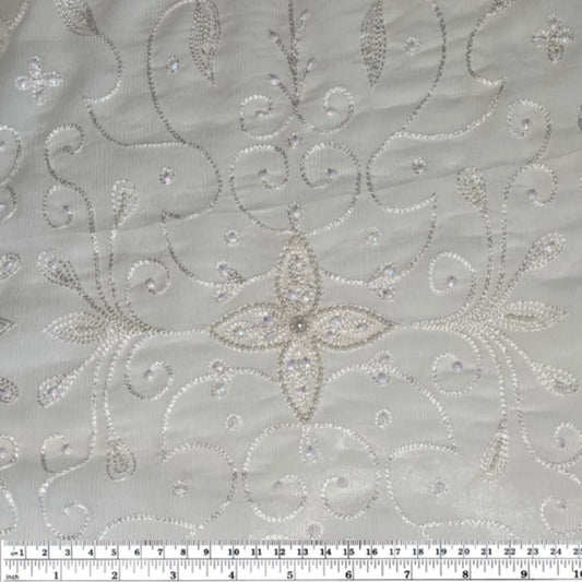 Embroidered Beaded Crinkled Silk Chiffon - White