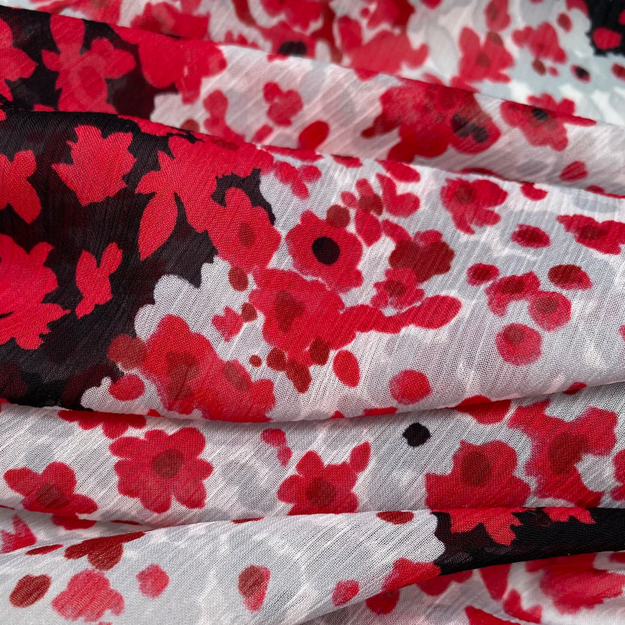 Floral Printed Crinkled Polyester Chiffon - Red/Black/Grey/White