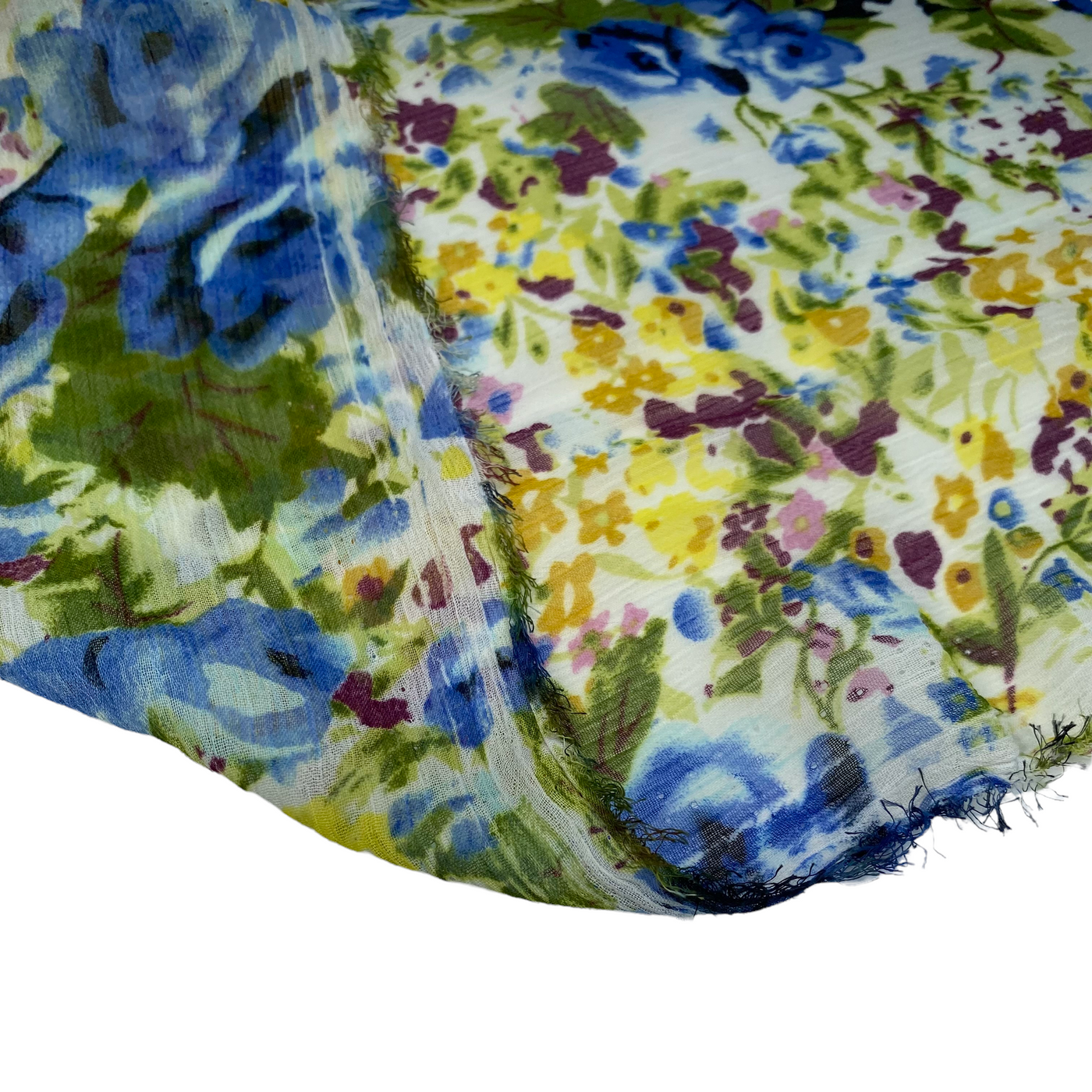 Crinkled Printed Polyester Chiffon - Floral - Blue/Yellow/Black/White