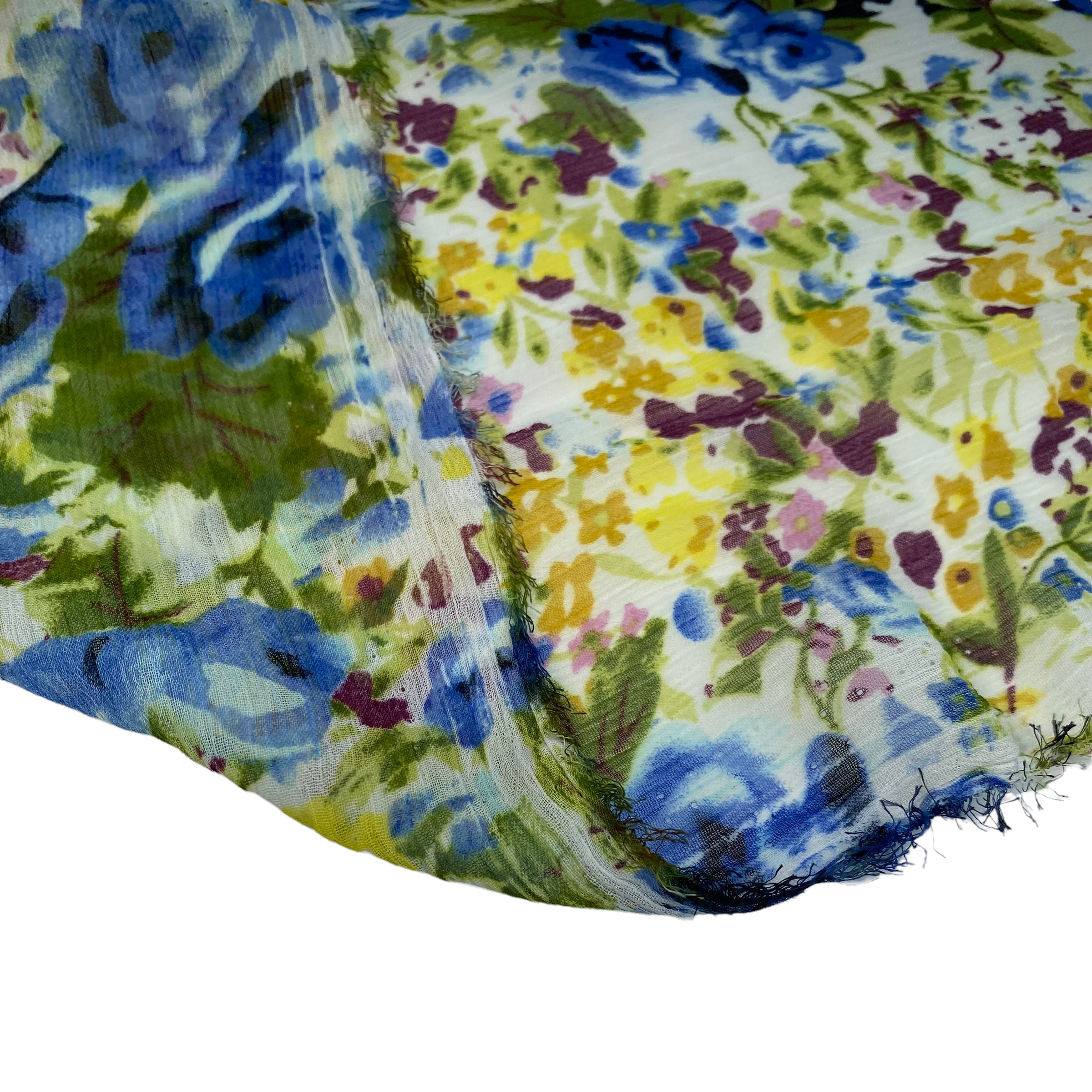 Crinkled Printed Polyester Chiffon - Floral - Blue/Yellow/Black/White