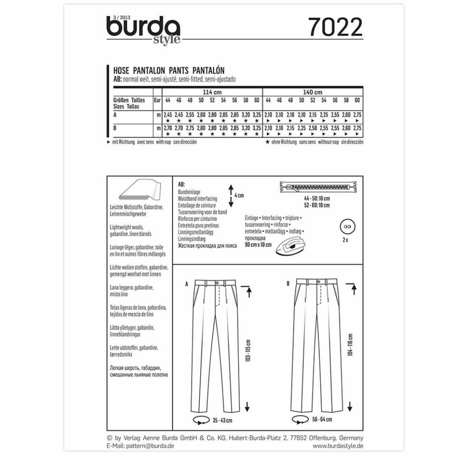 Burda Style 7022 - Pants Sewing Pattern