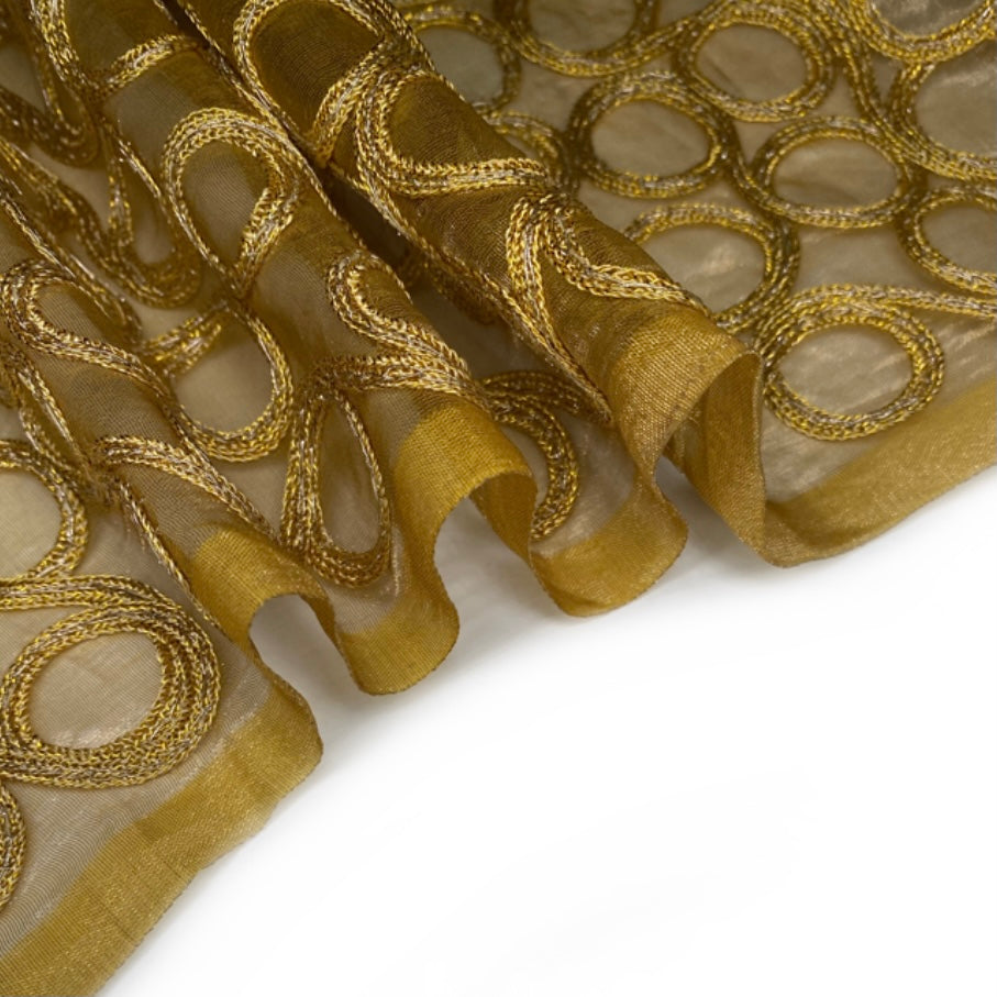 Embroidered Silk Organza - Circles - Gold
