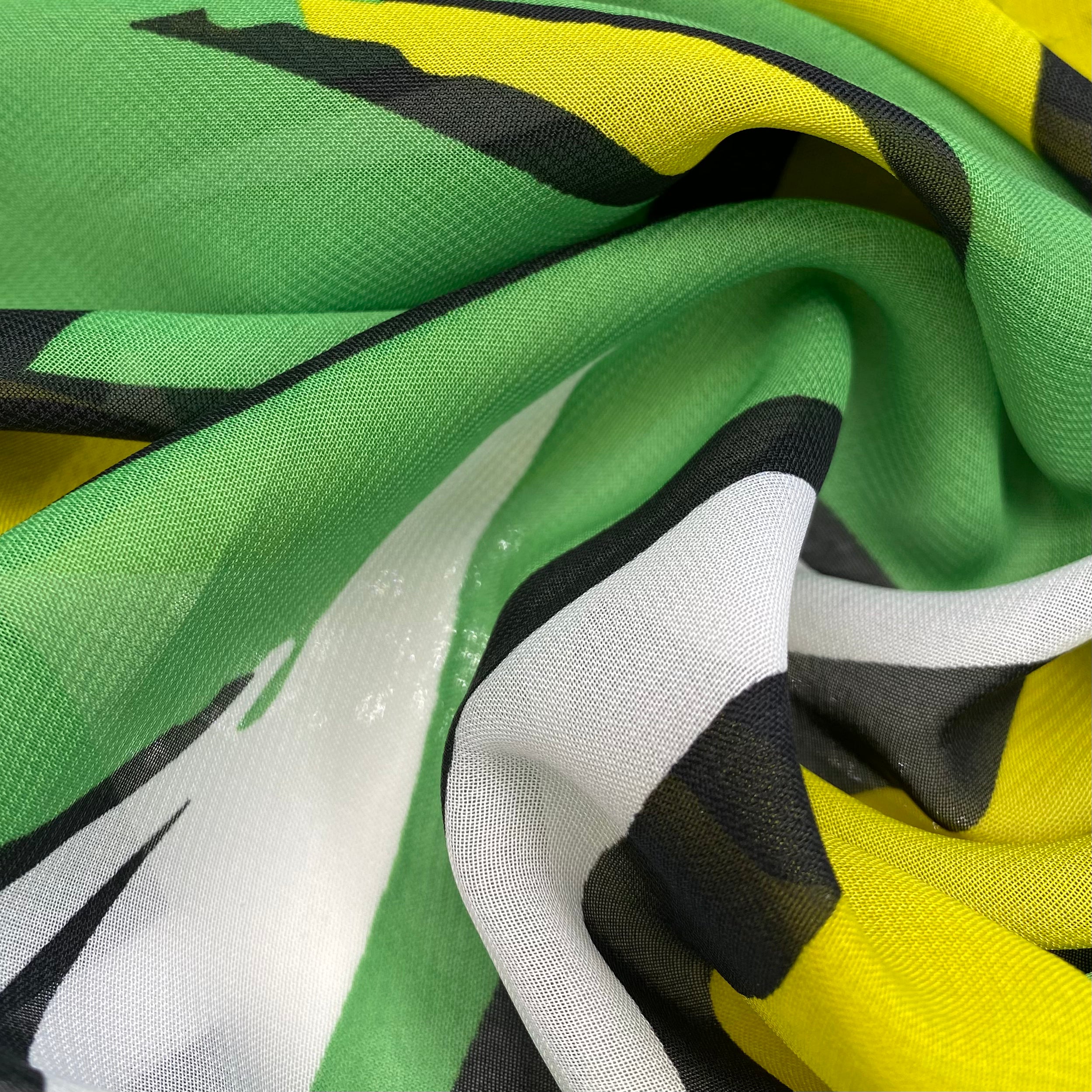 Printed Polyester Chiffon - With Border - Green/Yellow/Black/White
