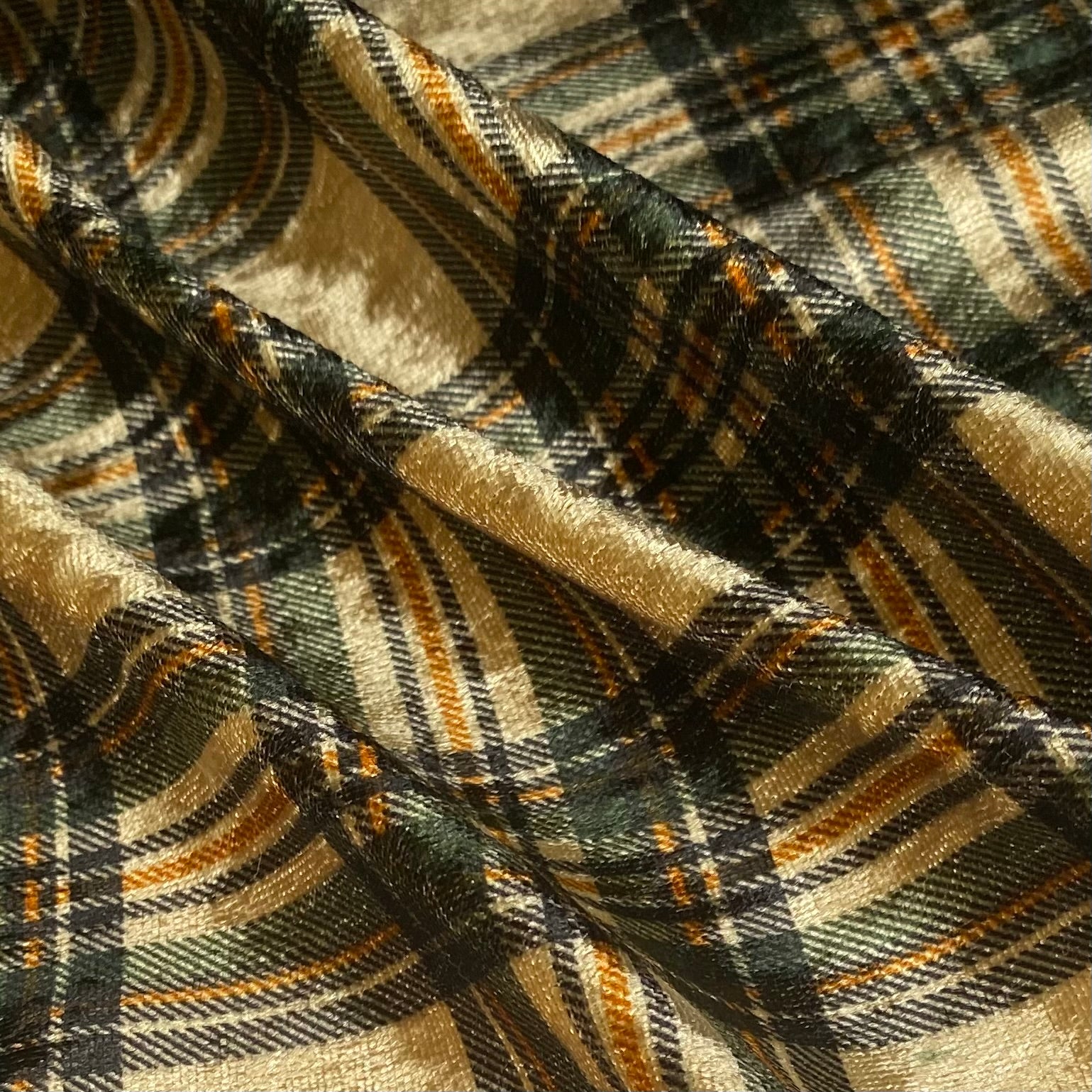 Printed Stretch Velvet - Plaid - Green/Gold