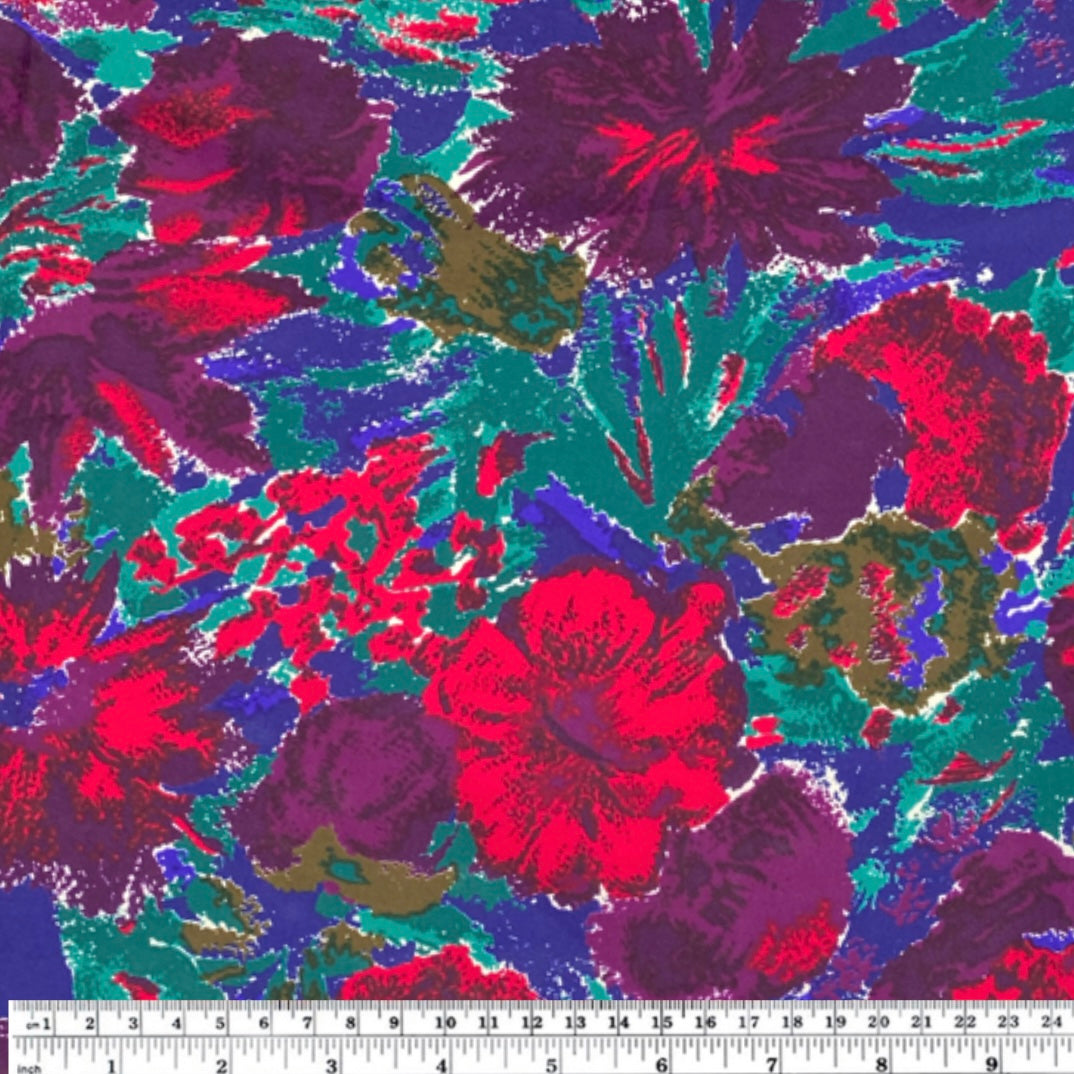 Floral Printed Polyester - 44” - Purple/Green/Blue