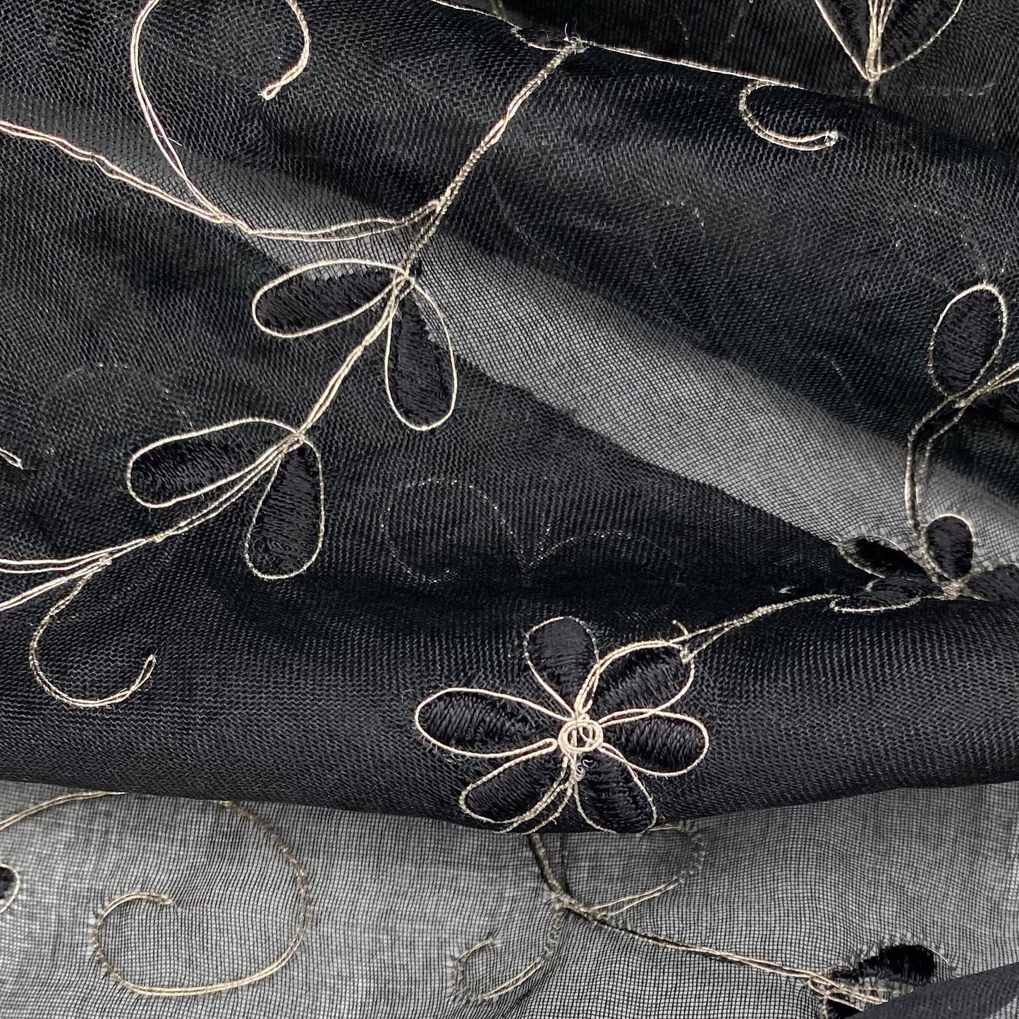 Embroidered Silk Organza - 44” - Black/Gold