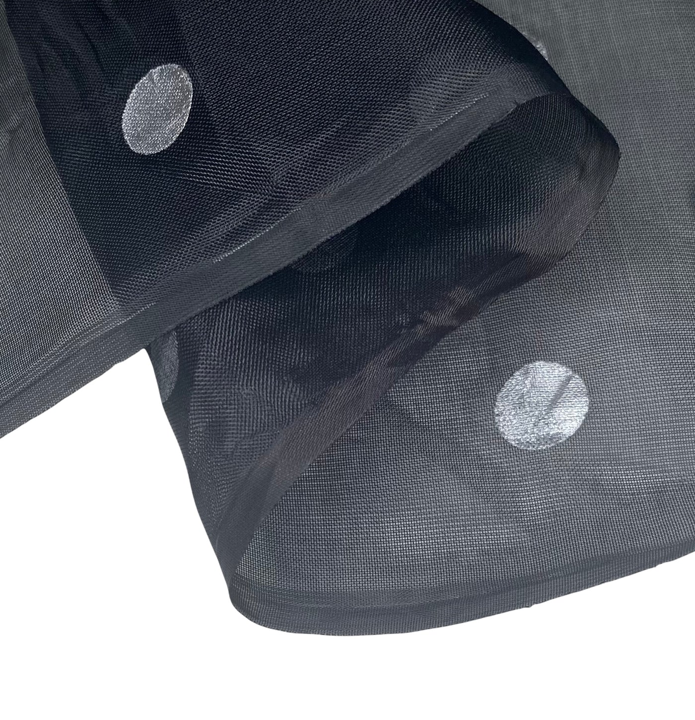 Metallic Polka Dot Polyester Organza - 60” - Black/Silver