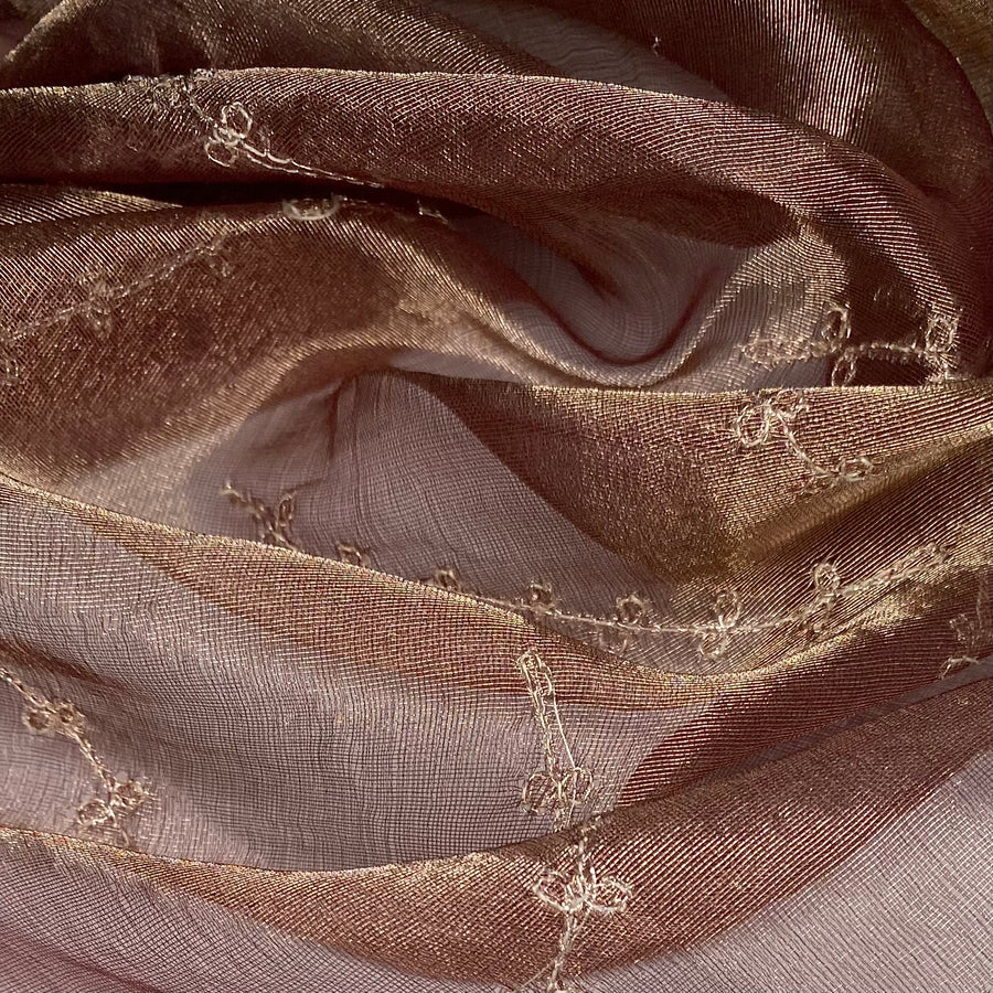 Shot Embroidered Silk Organza - Burgundy/Gold