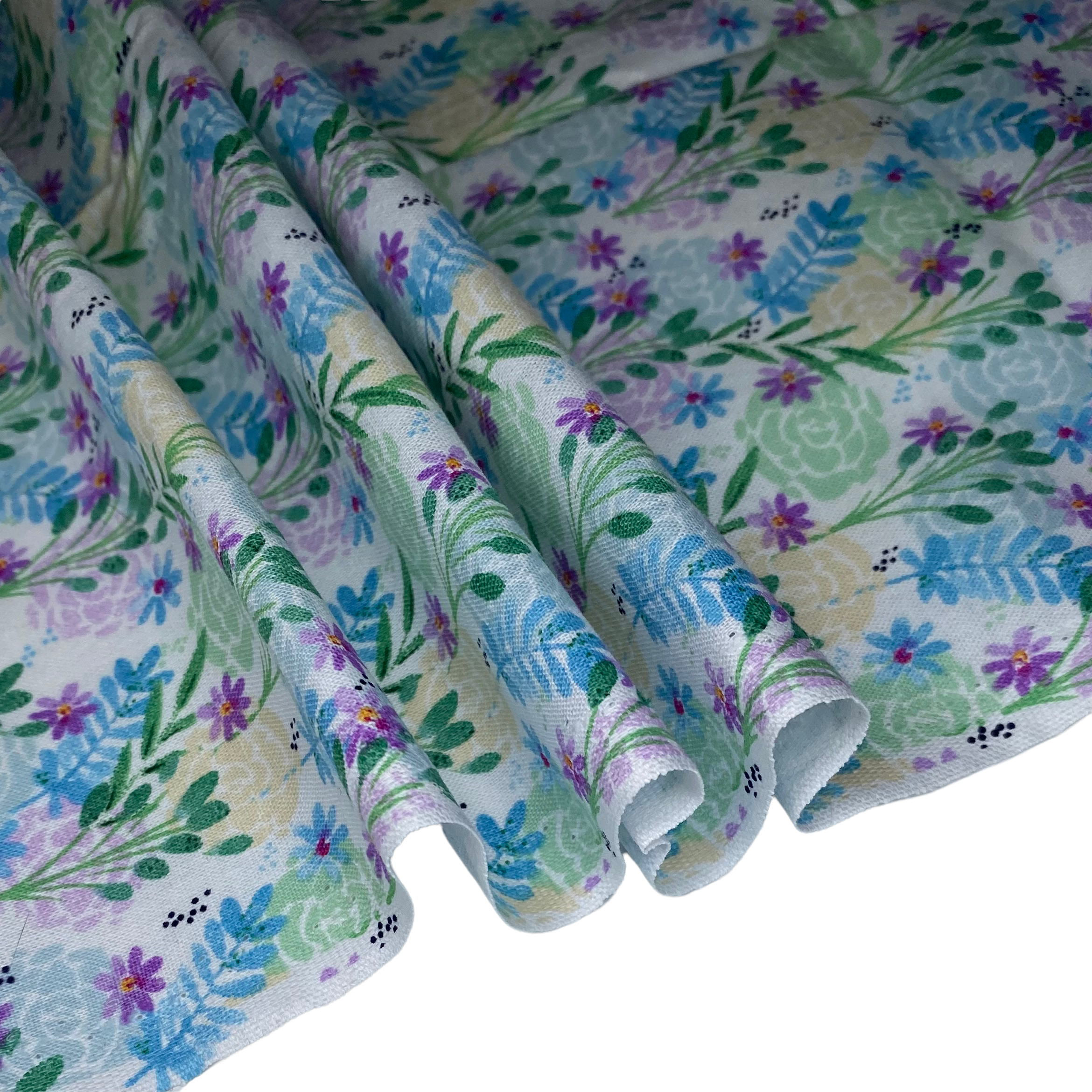 Quilting Cotton - Floral - White/Blue/Purple/Green - Remnant