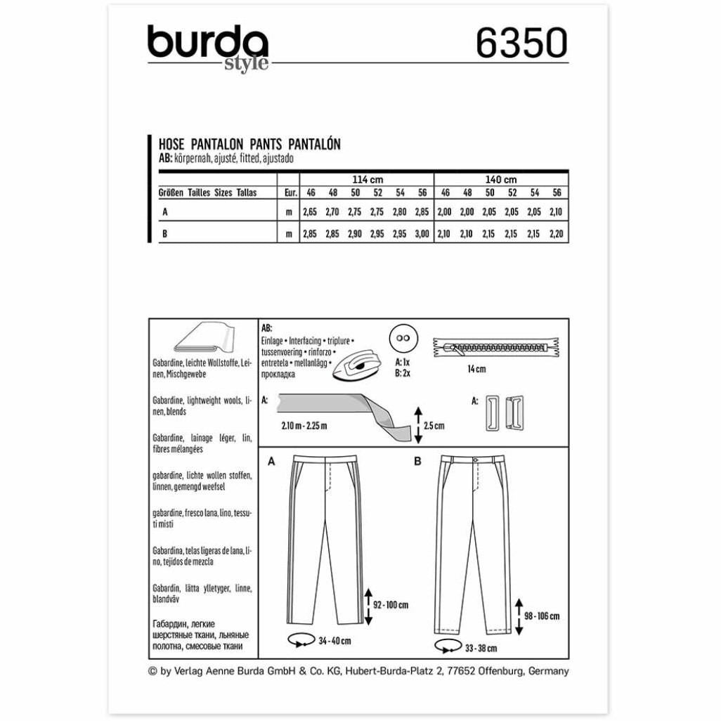 Burda Style 6350 - Men’s Pants/Trousers Sewing Pattern