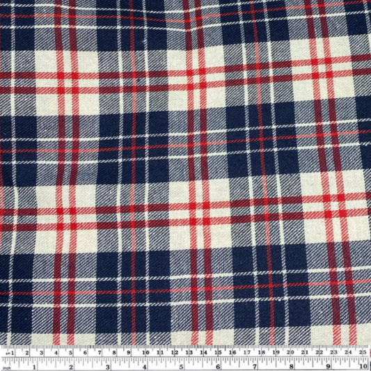 Plaid Cotton Flannel - Remnant - White/Navy/Red
