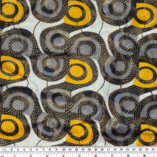 Waxed African Printed Cotton - Metallic Gold - Multi-Colour / Grey / Yellow
