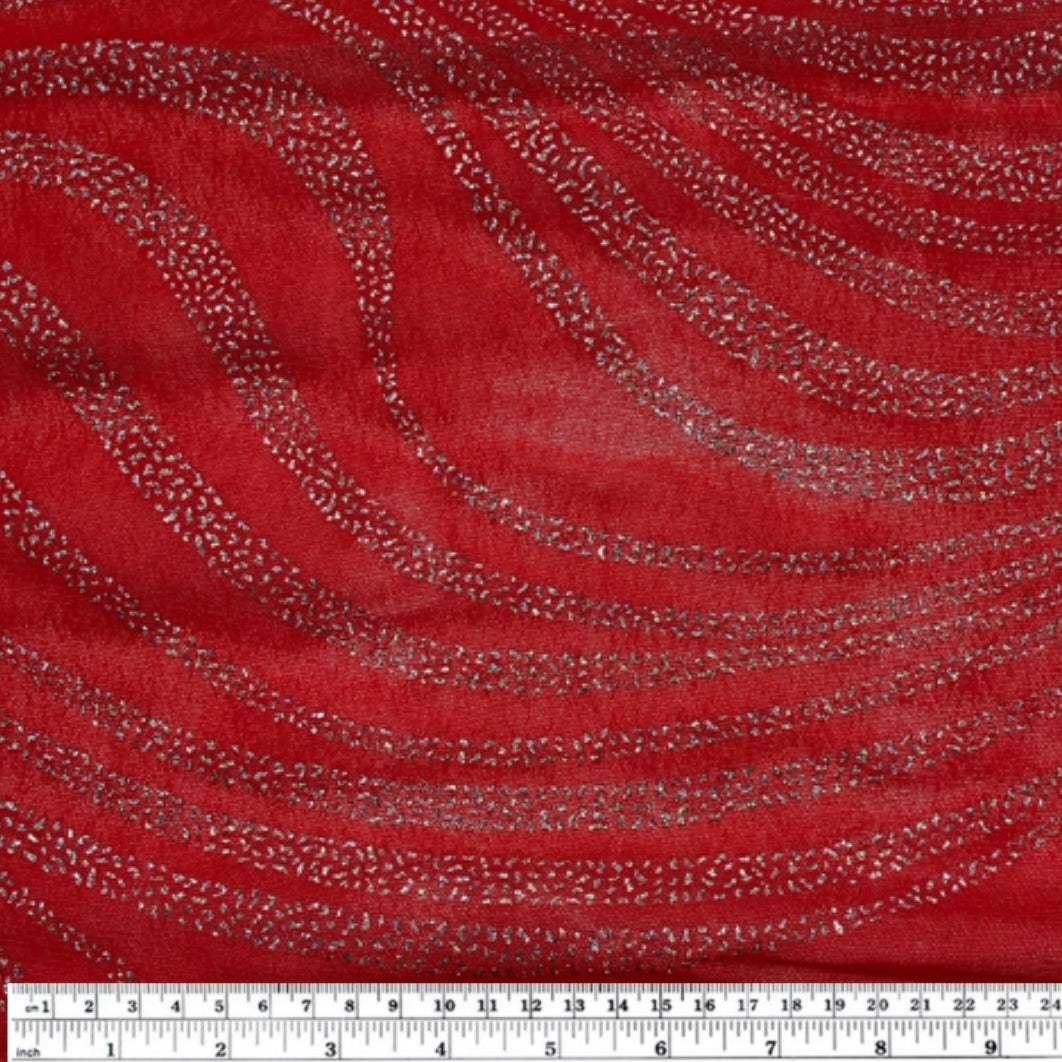 Stretch Mesh - Silver Glitter Design - Red / Silver