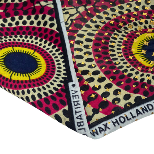 Waxed African Printed Cotton - Metallic Gold - Circles - Multi-Colour / Yellow / Pink