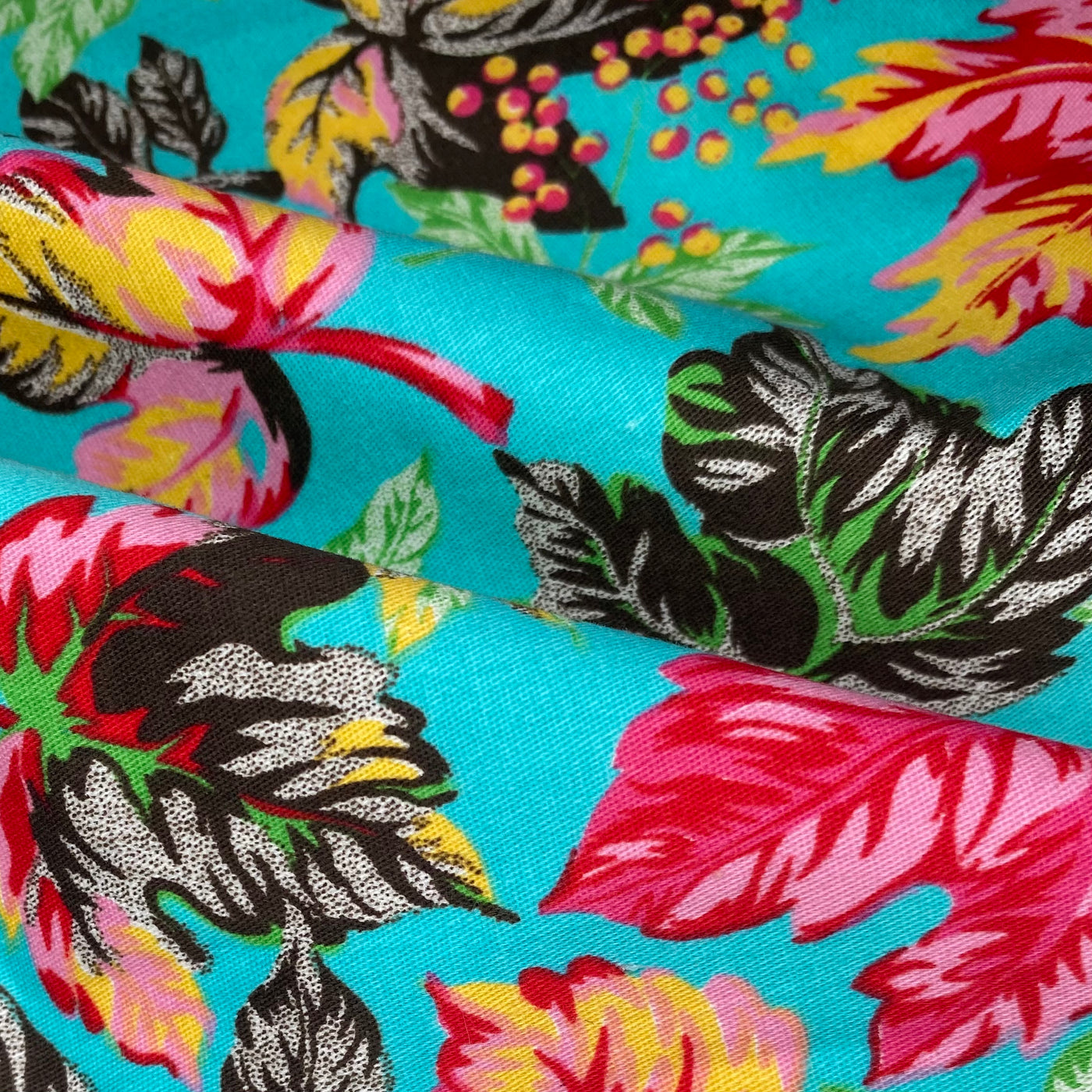 Leaf Stretch Cotton Poplin  - 40” - Aqua/Pink/Brown