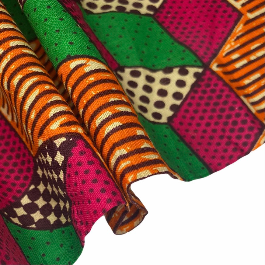 African Printed Cotton - Geometric - Orange/Pink/Green