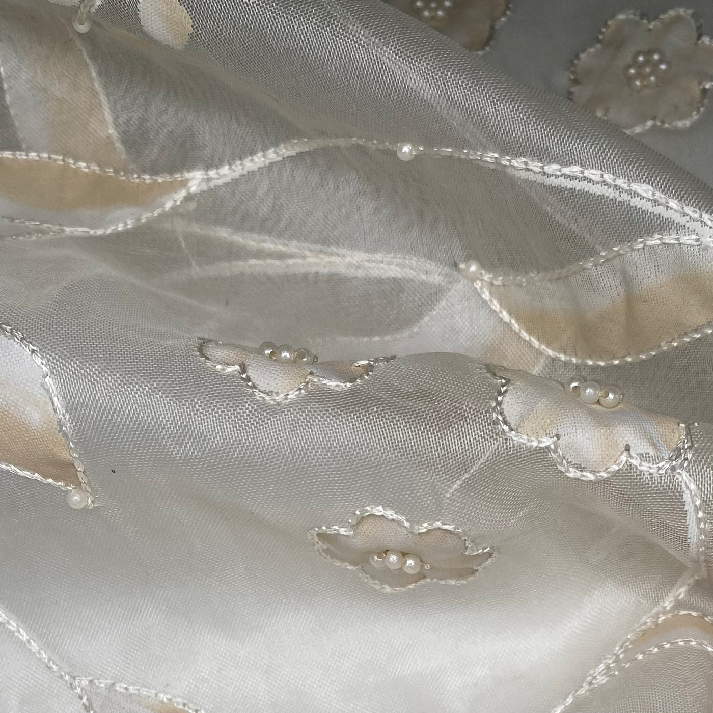 Embroidered Beaded Silk Organza - White/Beige