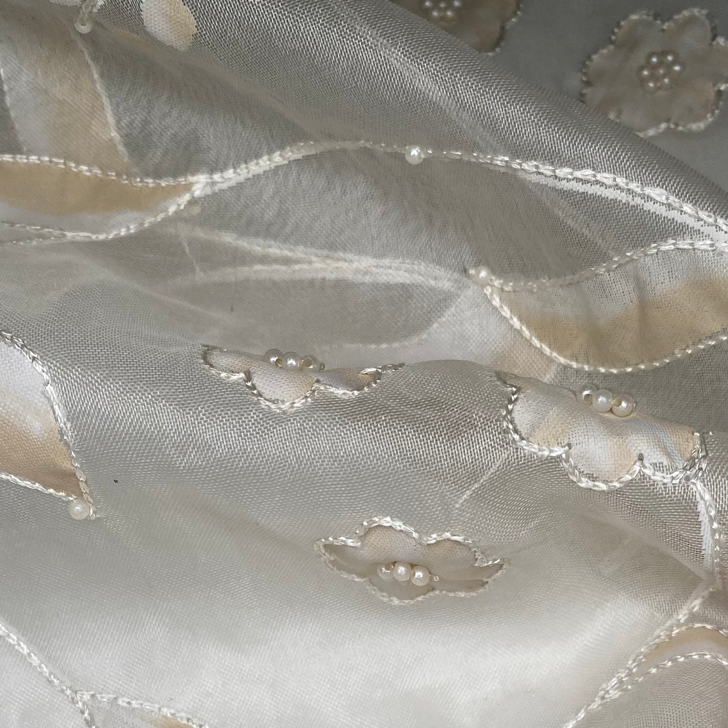 Embroidered Beaded Silk Organza - 44” - White/Beige