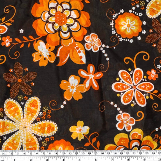 Printed Cotton Voile - Floral - Black/Orange/White