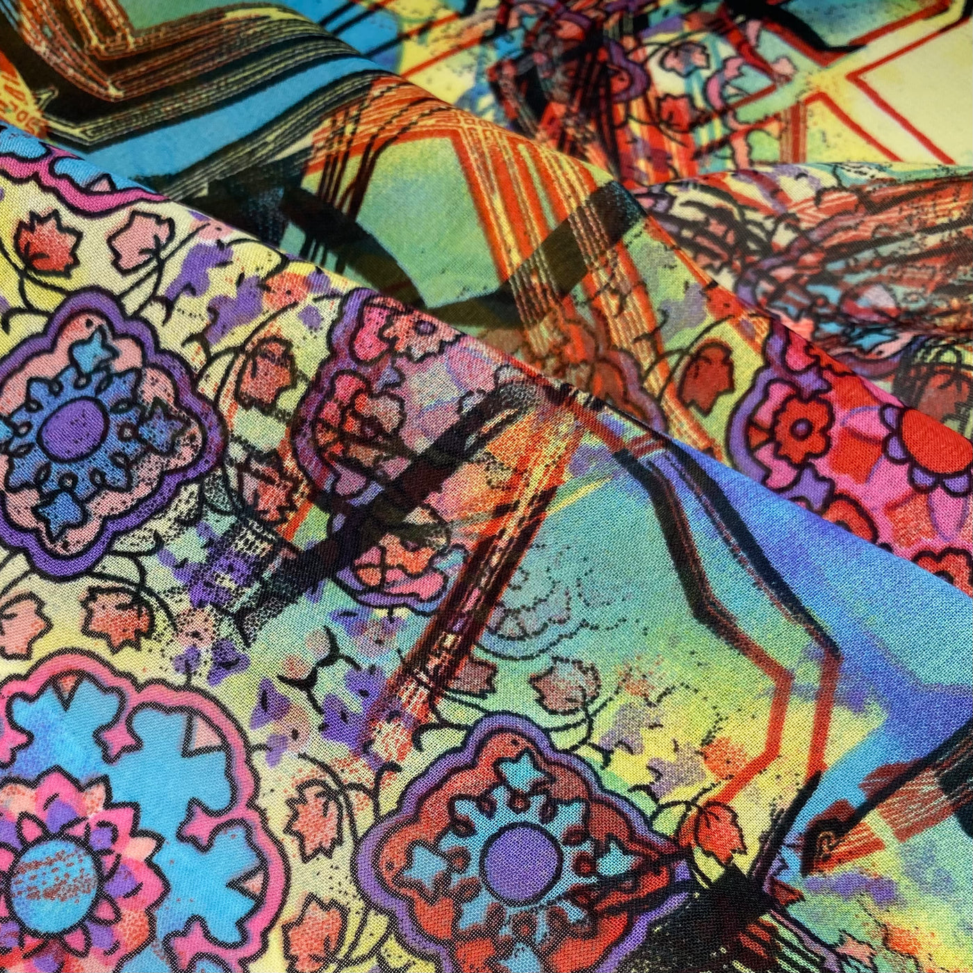 Printed Polyester Chiffon - Abstract Print - Blue/Yellow/Pink