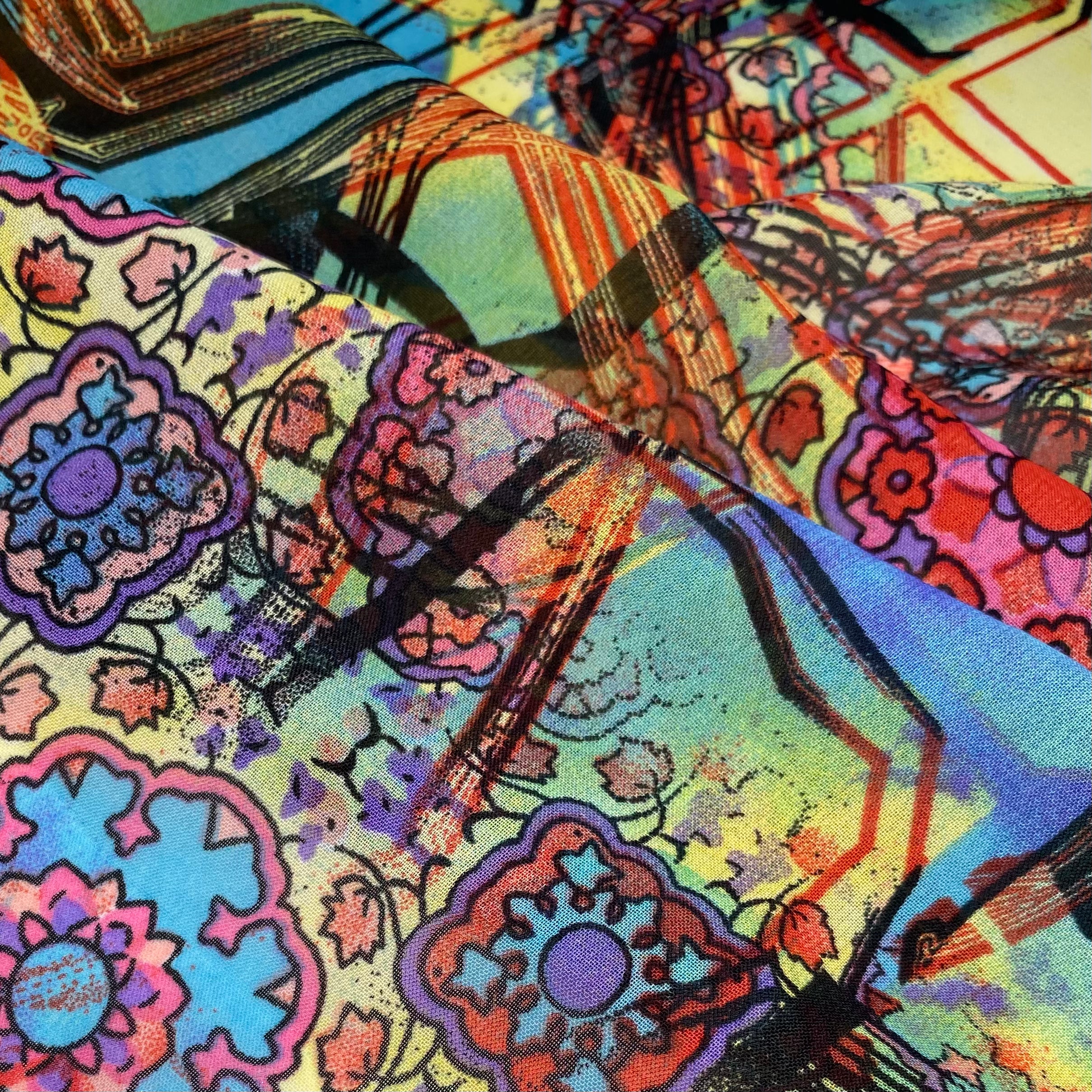Printed Polyester Chiffon - Abstract Print - Blue/Yellow/Pink