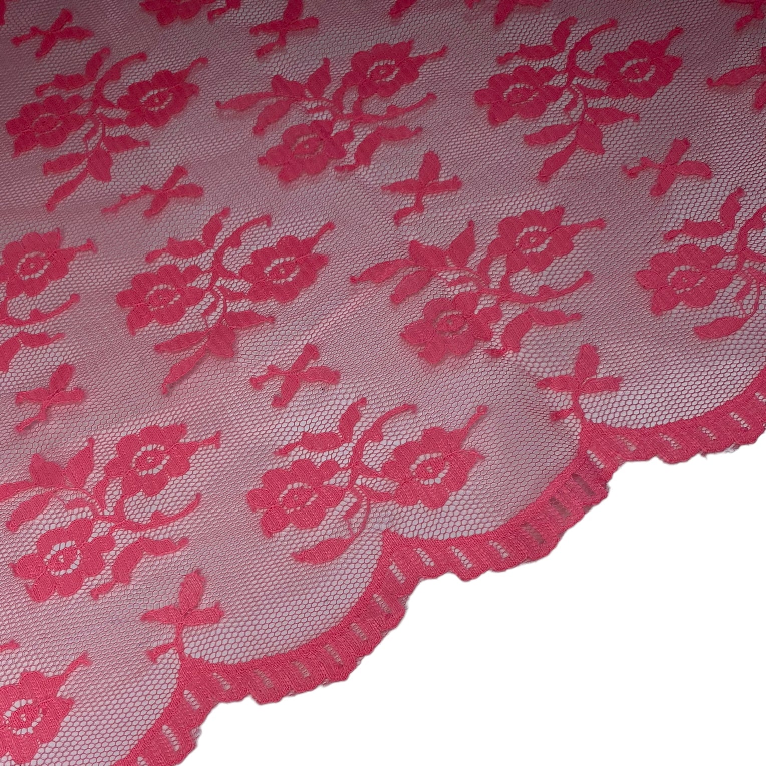 Floral Corded Lace with Scalloped Edges - Neon Pink