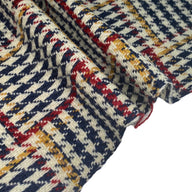 Wool Coating - Houndstooth Plaid - Blue/Cream/Red/Yellow