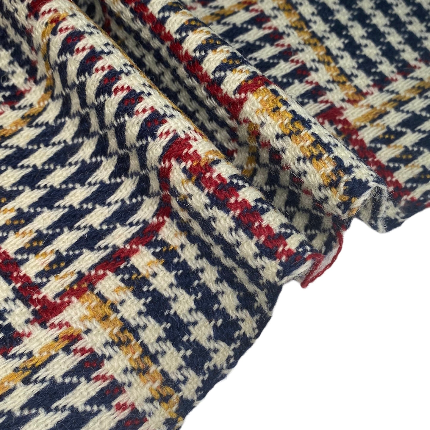 Wool Coating - Houndstooth Plaid - Blue/Cream/Red/Yellow