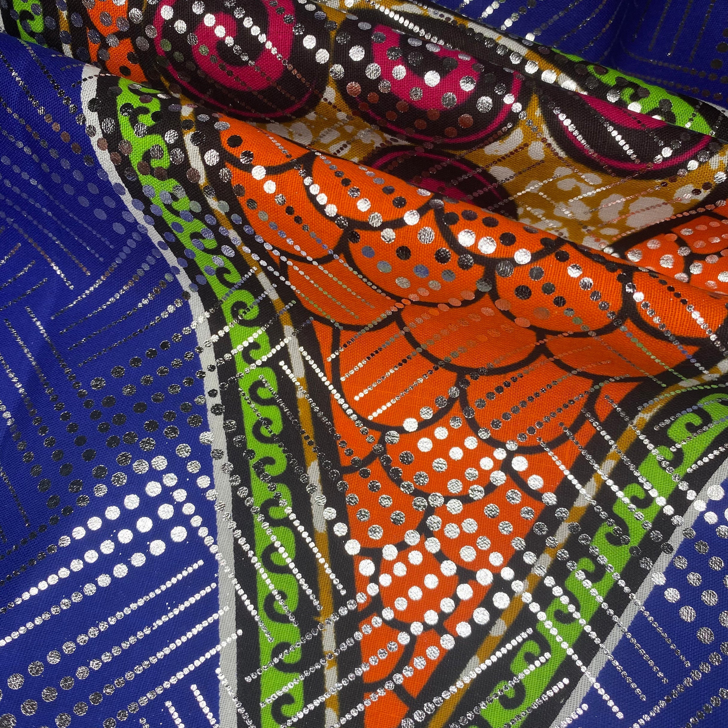 African Printed Cotton - Metallic Silver/Blue/Orange/Green