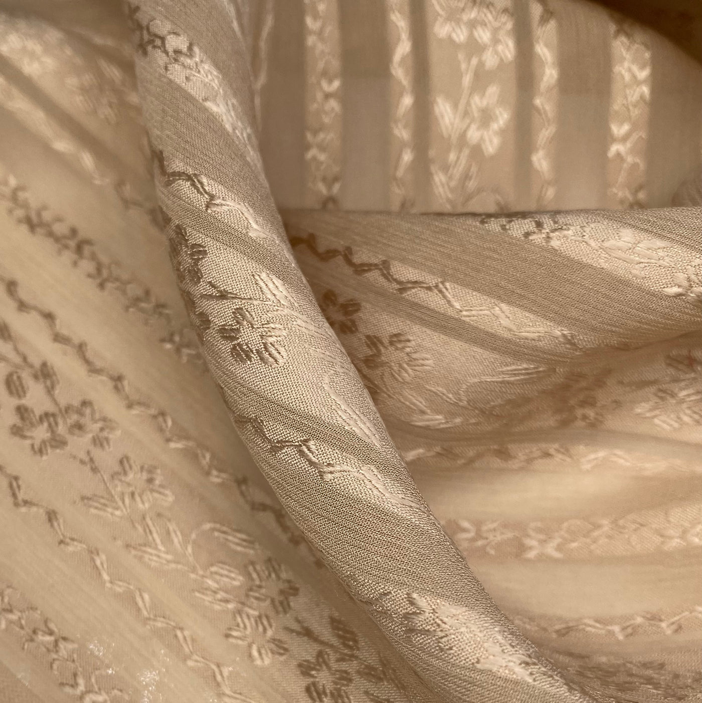 Floral Striped Silk Crinkled Chiffon - Beige