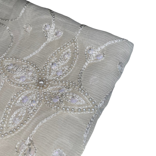 Embroidered Beaded Crinkled Silk Chiffon - White