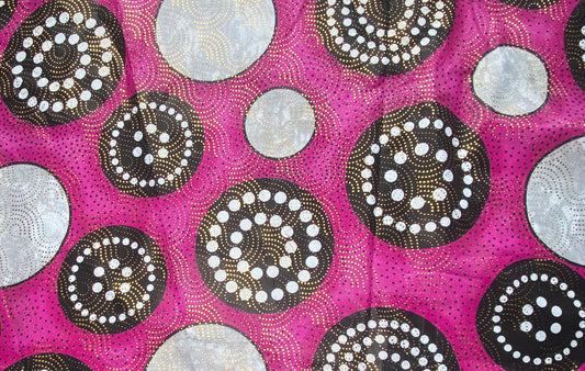 Waxed African Printed Cotton - Metallic Gold - Multi-Colour / Pink