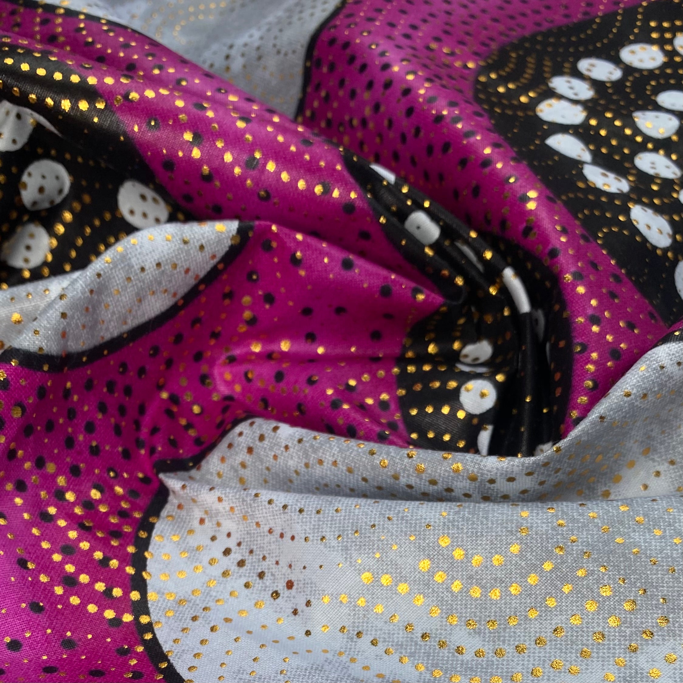 Waxed Metallic African Printed Cotton - Pink/Black/Grey