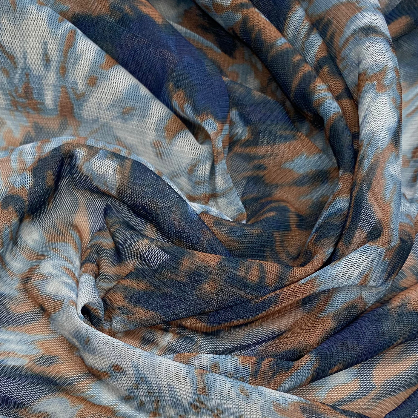 Tie Dyed Printed Stretch Mesh - Blue/Brown/White