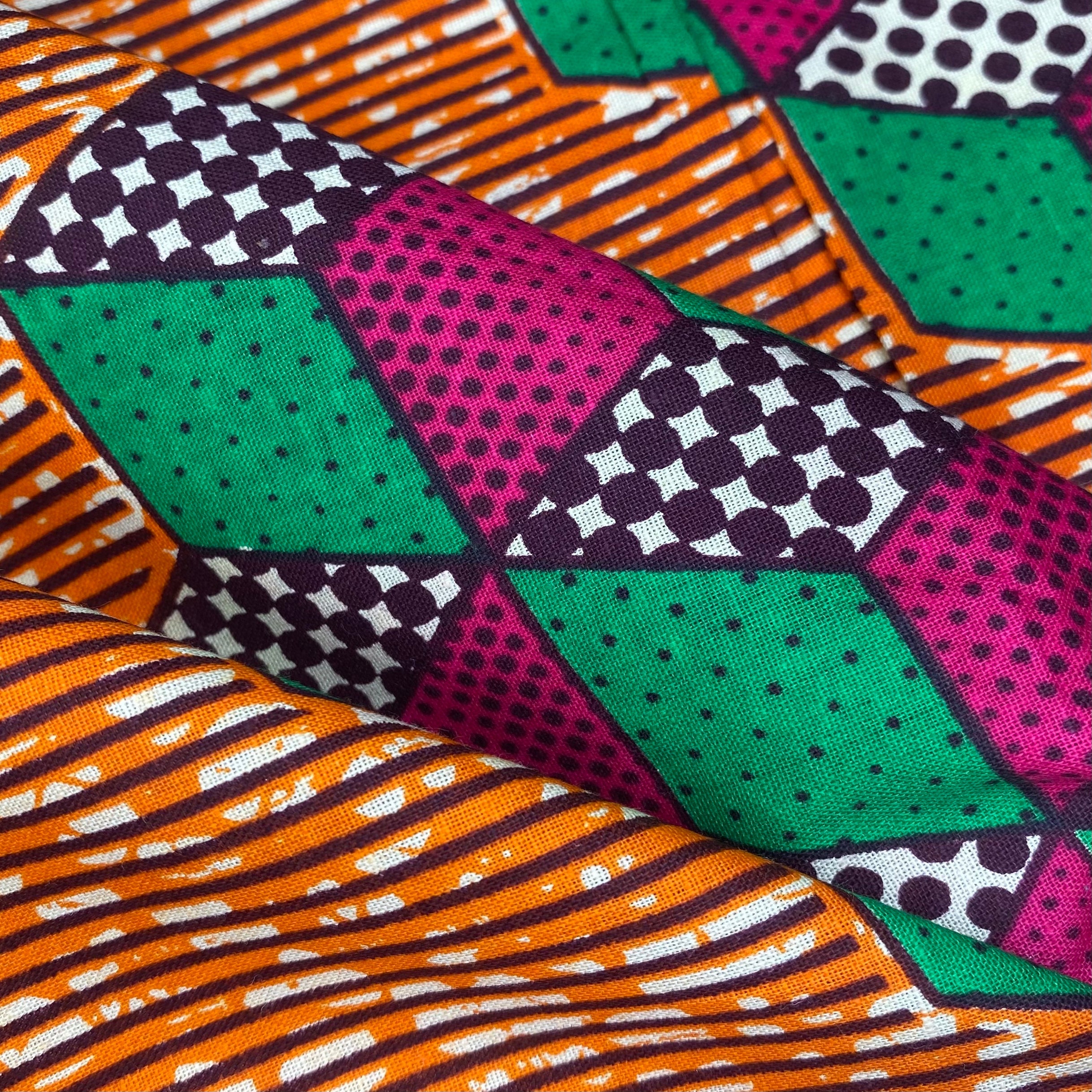 African Printed Cotton - Geometric - Orange/Pink/Green