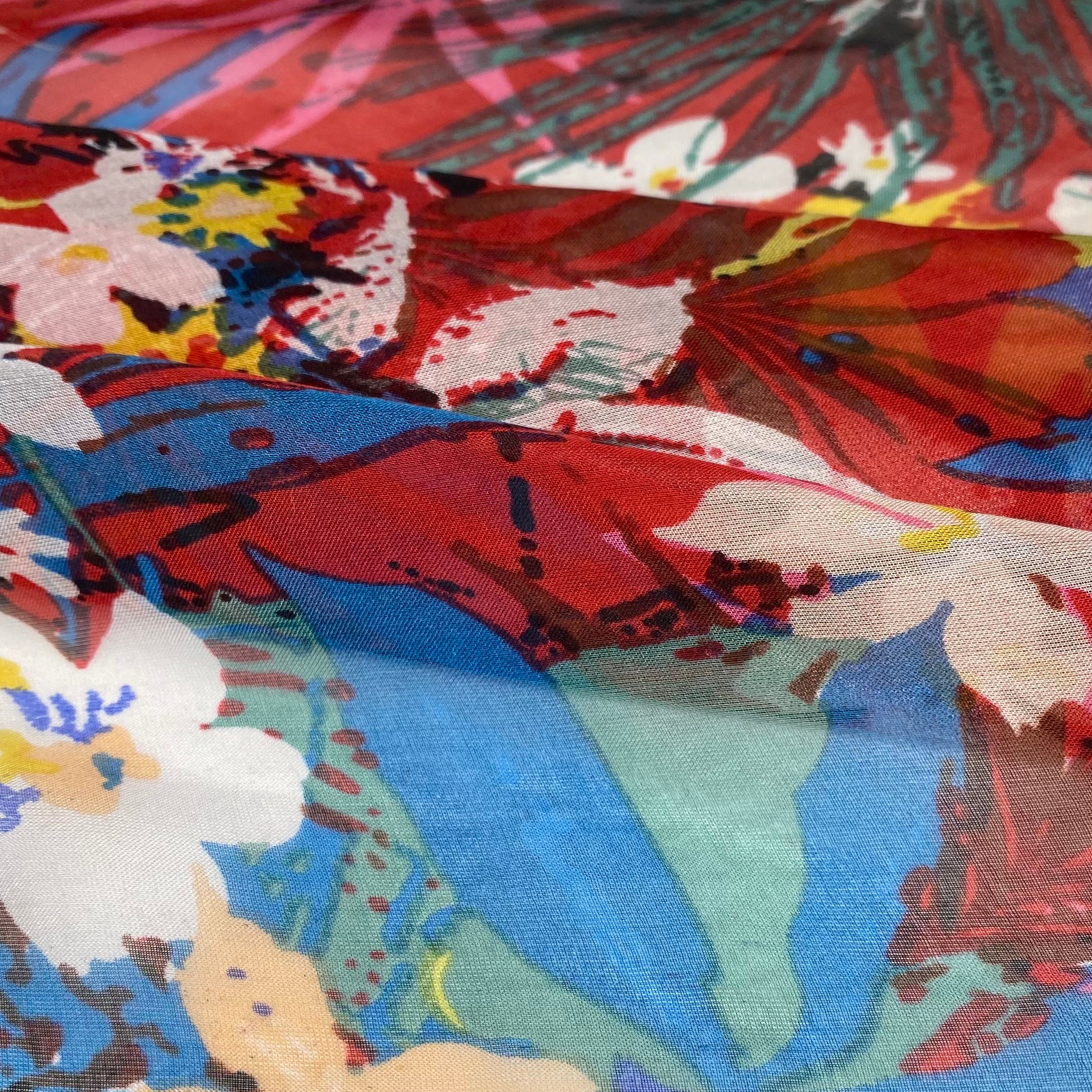 Printed Silk Chiffon - Floral - Red/Blue