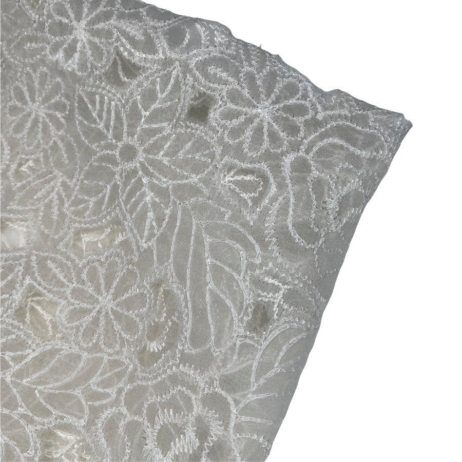 Embroidered Laser Cut Silk Organza  - Floral - White