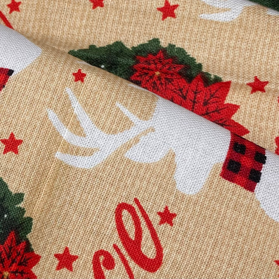 Quilting Cotton - Wreath Reindeer Peace Print - Remnant