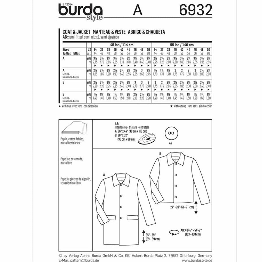 Burda Style 6932 - Jacket Sewing Pattern