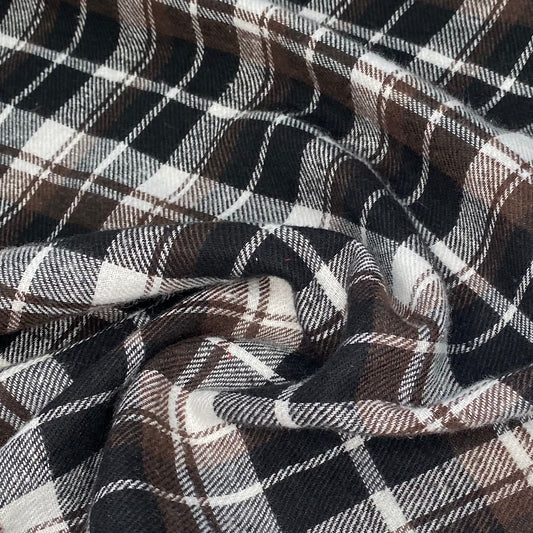 Plaid Cotton Flannel - Remnant - Black/White/Brown