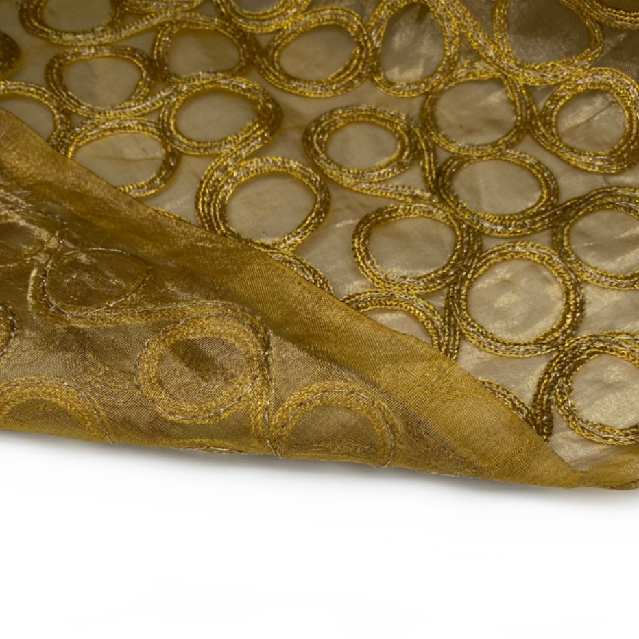 Embroidered Silk Organza - Circles - Gold
